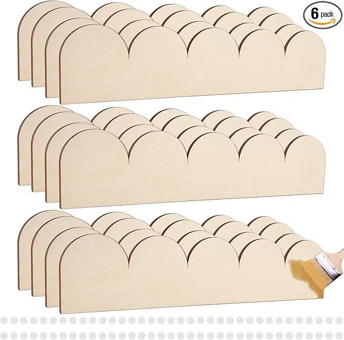 12Pcs Unfinished Scalloped Decorative Wood Trim with Glue Dots, 15.75" x 3.54" Scalloped Wooden Edging Trim Cute DIY Moulding Trim for Home Wall Cabinet Window Door Decor, Interior & Exterior Use