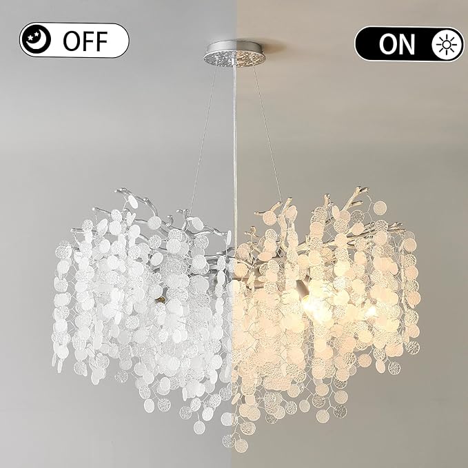 32 Inch Modern Tree Branch Light Fixture, 10-Light Large Contemporary Bedroom Chandeliers, Hanging Round Coastal Chandeliers for Dining Room Foyer Living Room, Silver