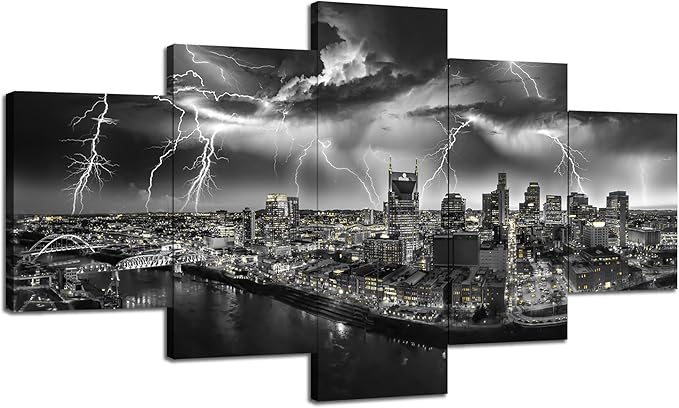 Nashville Skyline Canvas Wall Art Nashville Tennessee Wall Decor Nashville Black and White Picture Lightning Strike Print Night Cityscape Painting Poster Framed Home Decoration(60x32 inches)