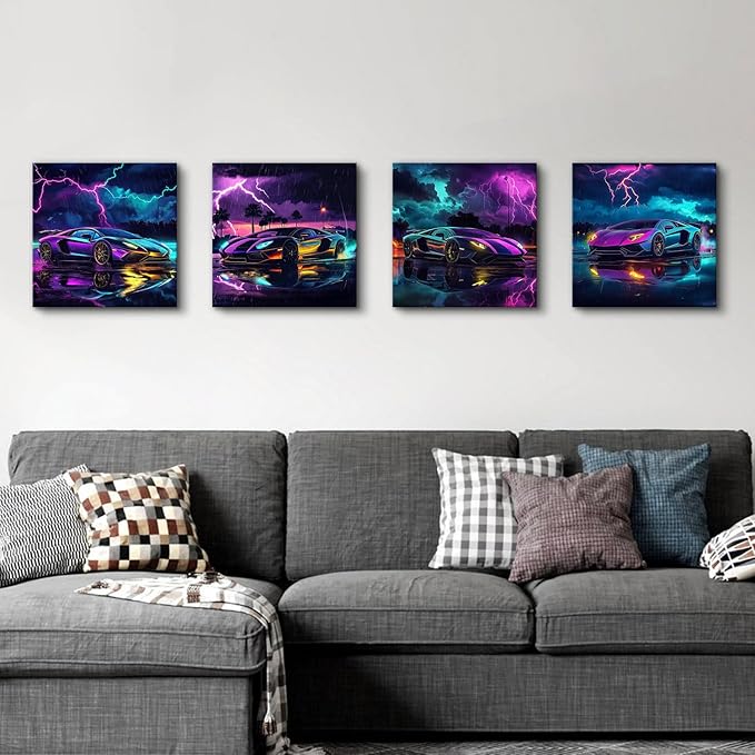 Lamborghini Car Posters Fashion Lightning Landscape Vehicle Pictures Boys Room Decor Modern Black and White City Street Racing Vehicle Prints Painting Guys Dorm Garage Office Home Decoration 16x16" 4P