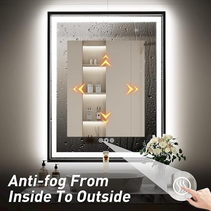 28X36 Inch Framed LED Lighted Bathroom Mirror,Backlit and Front Wall Mounted Black Metal Vanity Mirrors with Lights,Double LED Dimmable Illuminated & 3 Colors Temperature Anti-Fog Mirror