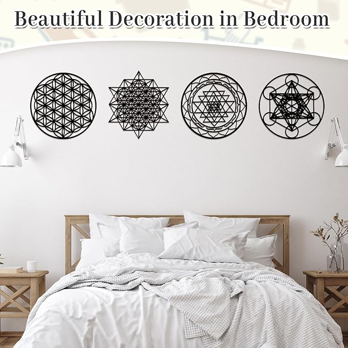 Leinuosen 4 Pcs 12 Inch Crystal Grid Board Sacred Geometric Wall Art Set Metatron Cube, Flower of Life, Sri Yantra, 64 Star Tetrahedron Pagan Decor Home Wall Decor for Room(Black)