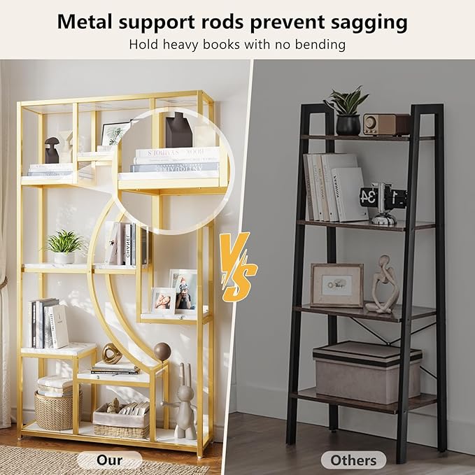 Modern Book Shelf, White and Gold Bookshelf, 70.8 Inch Tall Etagere Bookcase, Set of 2 Geometric Display Shelves for Living Room, Bookcases/Bookshelf with Metal Frame for Home Office