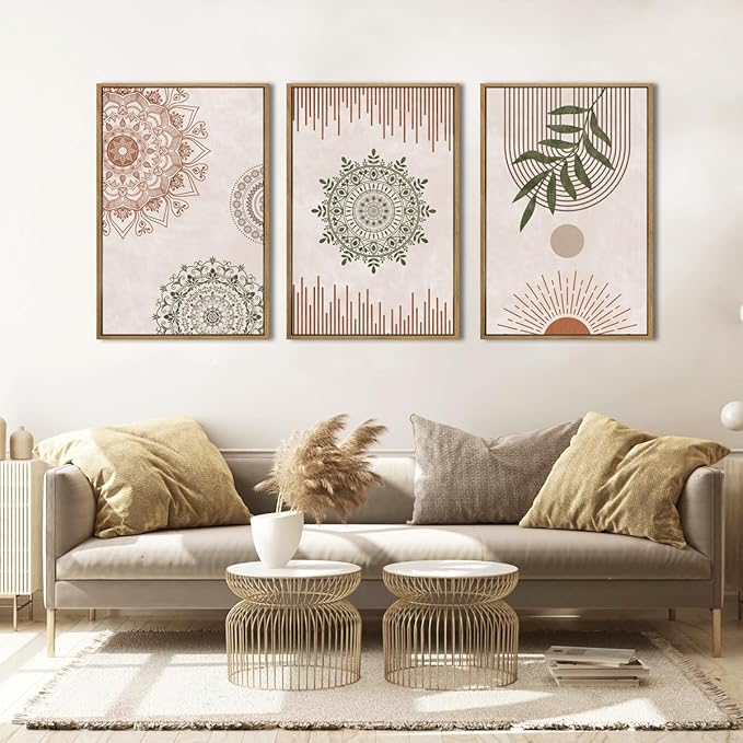 Anyzal Boho Wall Art Framed Large Abstract Geometric Line Paintings Mid-century Modern Plant Wall Decor for Bedroom Living Room Office 16x24 Inches 3 Piece