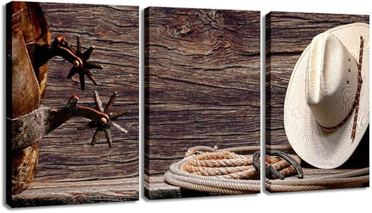 Canvas Print Wall Art Decor Western Cowboy Wall Art American Cowboy Hat Boots West Rodeo Vintage Picture Stretched Gallery Canvas Wrap Giclee Print Ready to Hang for Home Office Living Room