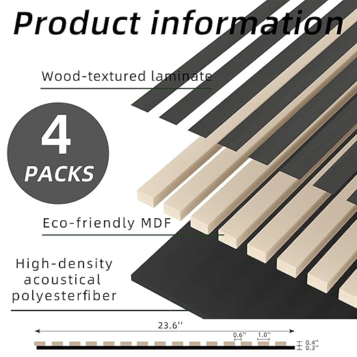 Casaphoria Acoustic Wall Panels, 4 PCS 23.6"x23.6", 3D Soundproof Wall Panels, Wood Slat Wall Panels for Home Office & Accent Walls, Black