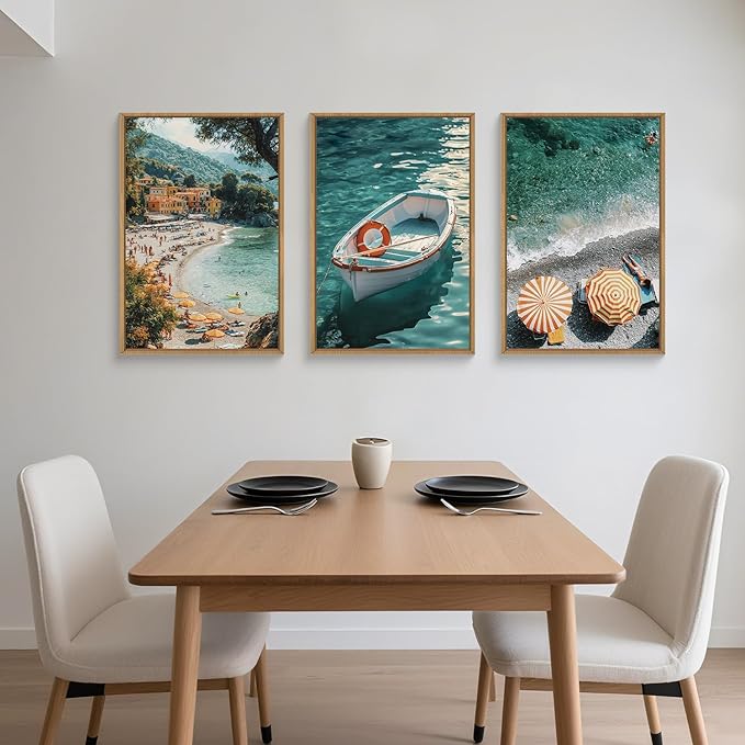 Aryroi Mediterranean Coastal Ocean Framed Canvas Wall Art Set, Natural Blue Green Beach Scenery Wall Decor,Modern Summer Sea Boat Umbrella Artwork for Living Room, Bedroom,Farmhouse- 16"x24"x3
