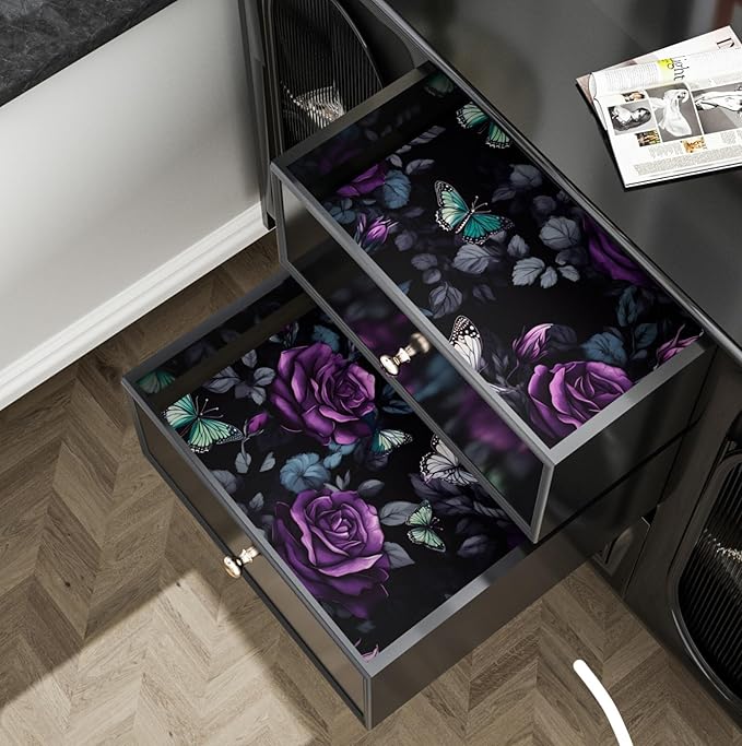 Black Foral Wallpaper Peel and Stick, Dark Purple Rose Contact Paper, Waterproof Self-Adhesive Flower Butterfly Wall Paper for Bedroom Countertop Desk Cabinets Decor 17.4" x 118" Renter Friendly