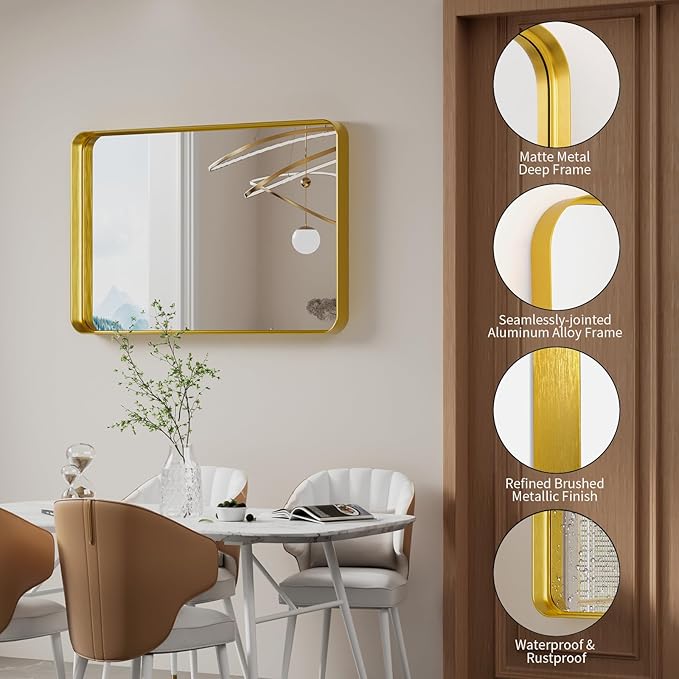 Koonmi Gold Wall Mirror for Bathroom, 24x36 Inch Matte Deep Framed Rounded Rectangle Vanity Mirror for Farmhouse Living Room, Tempered Glass, Anti-Rust, Vertically or Horizontally