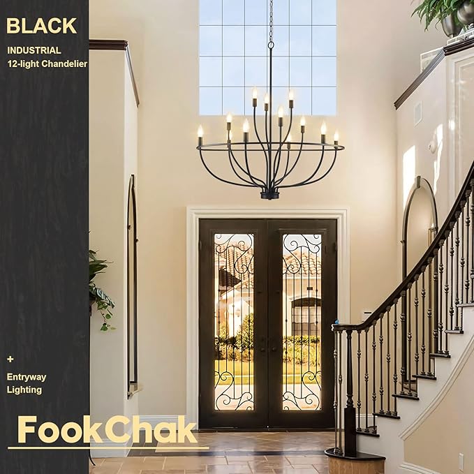 Black Chandelier 12 Light, Hallway Chandelier for Entryway High Ceiling Foyer Candle Chandeliers 36in Modern Farmhouse Light Fixture Chandeliers for Dining Room Master Bedroom Living Room