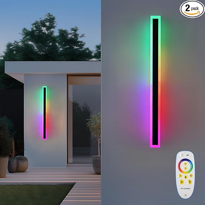 2-Pack 40in Long Outdoor Modern LED Wall Light, 30W IP65 Waterproof Warm/RGB LED Wall Mount Lighting Fixture, Color Changing Long Outdoor Wall Light Dimmable Black Exterior Wall Sconce