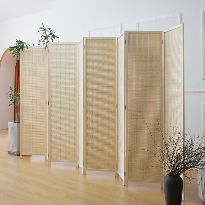 8 Panel Room Divider and Folding Panel Screen,Bamboo Panel Divider Screen for Room Separation,Beige,67" H x 122.8" W