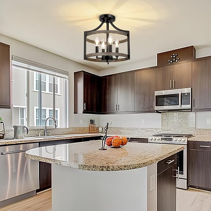 4-Light Farmhouse Chandelier, Rustic Metal Hanging Pendant Lighting, Convertible Semi Flush Mount Ceiling Light Fixture Faux Wood Black Chandeliers for Dining Room Kitchen Foyer Entryway