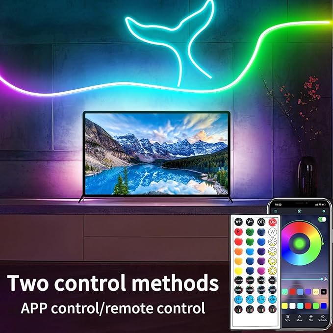 Led Rope Lights 16.4Ft Music Sync IP65 Waterproof Flexible Led Rope Lights 40Key Remote/APP Control, 24V Outdoor RGB Neon Strip Lights for Bedroom Indoor