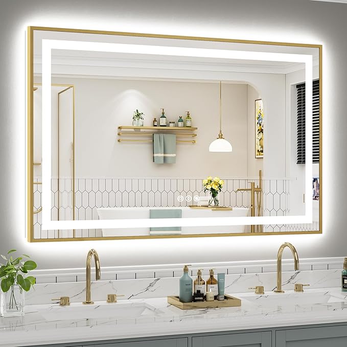 55x36 Inch LED Bathroom Mirror with Gold Frame, Backlit & Front Lit, Anti-Fog Lighted Bathroom Vanity Mirror for Wall, Memory Function, Dimmable, HD Tempered Glass, Shatter-Proof