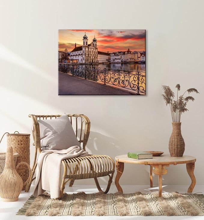 Mordern 1Pcs European Cityscape Canvas Wall Art Scenic Sunset Over River Cathedral with Domes Ready to Hang Architecture Romantic Travel Destination Decorative Framed Artwork for Living Rooms Bedrooms