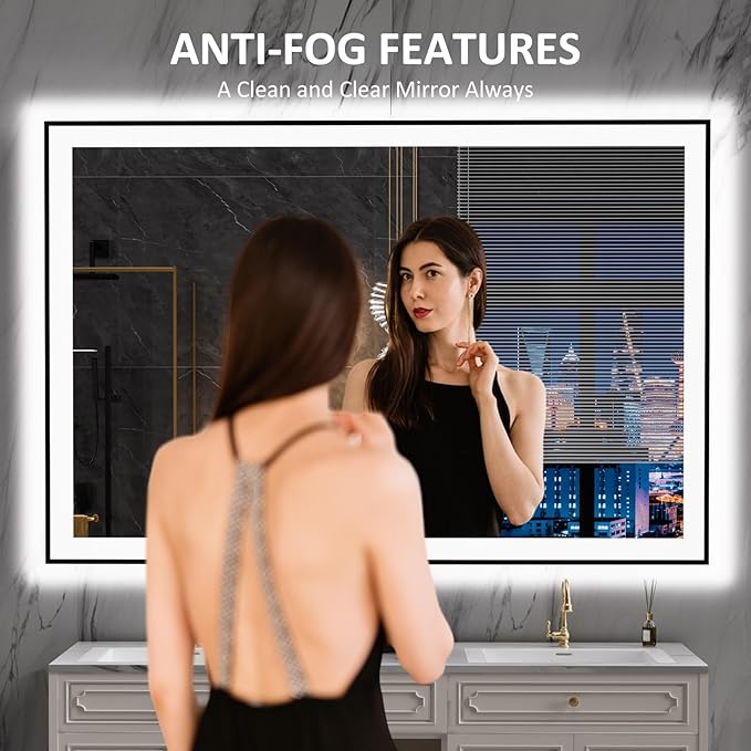 LOAAO 60"X40" LED Bathroom Mirror Black Framed, Anti-Fog, Dimmable, Lighted Bathroom Vanity Mirror for Wall, Memory Function, Tempered Glass