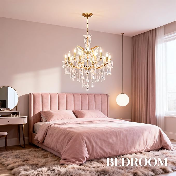 Antique Gold Crystal Chandeliers, Luxury Polished Golden Bronze Candle Pendant Ceiling Light Fixture, 15 Lights Golden Crystal Chandelier for Dining Room Living Room Bedroom Foyer