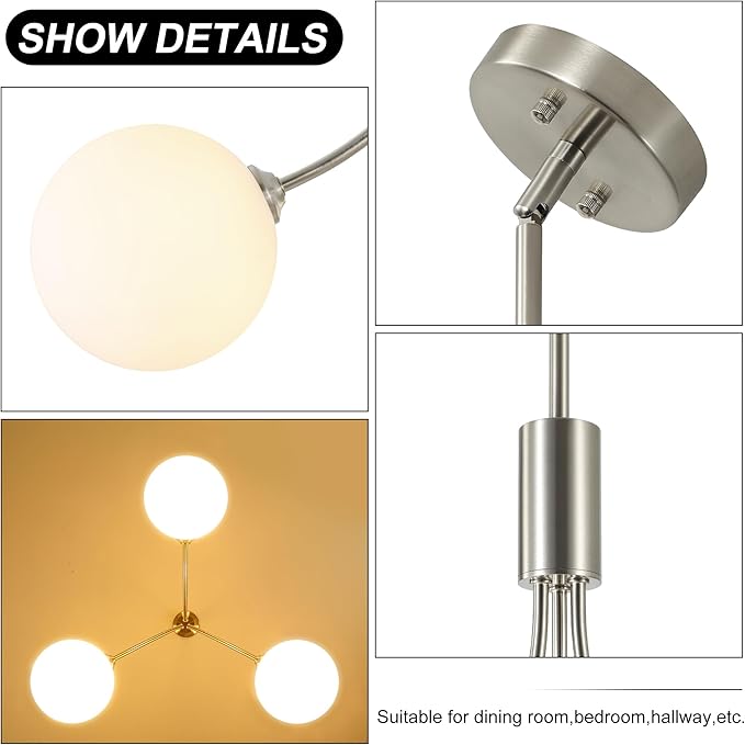 3-Light Brushed Nickel Chandelier Milk Globe Glass Pendant Lights Kitchen Island, Modern Sputnik Globe Chandeliers for Dining Room Entryway Hallway Foyer Bedroom Office Bathroom