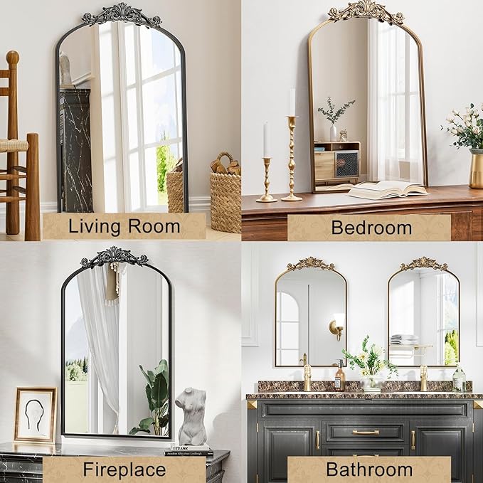 Antique Arched Wall Mirror, 24"x36" Vintage Gold Bathroom Mirror - Baroque Metal Frame Brass Mirror for Living Room, Bathroom, Fireplace, Entryway, Bronze