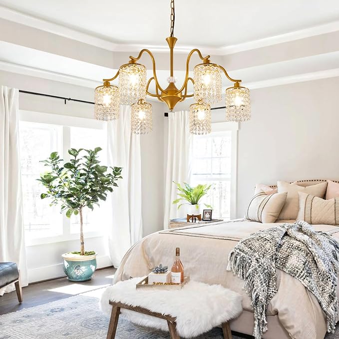 30" Gold Chandelier, 6-Light Dining Room Light Fixture, Modern Kitchen Island Light Fixtures, Farmhouse Foyer Lighting Fixtures, Hanging Crystal Chandeliers for Living Room, Bedroom, Foyer, Entryway