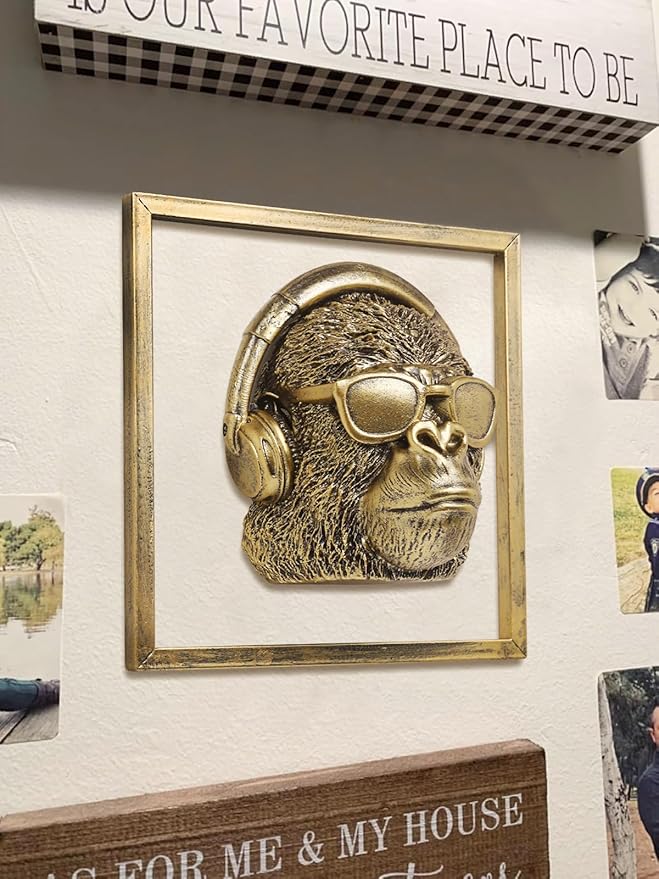 Newinhome Animal Heads Wall Decor (Includes Metal Frame) Resin Animals Sculptures Head Wall Hanging Decoration Gold vintage Wall Sculpture for Living Room Bedroom Office (Gorilla)