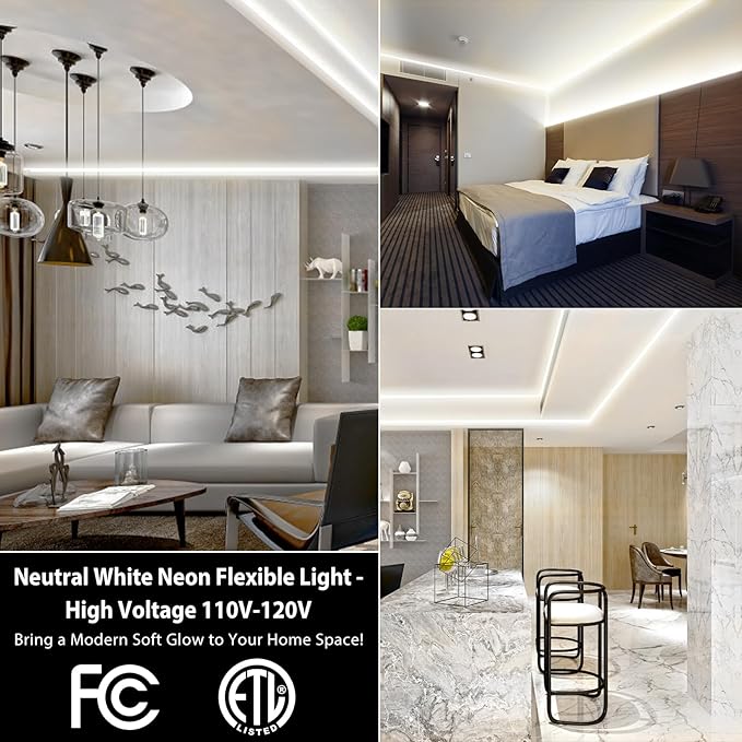 50ft Led Neon Rope Light, Commercial Grade IP65 Waterproof Neon Led Strip Lights, 110V-120V Plug-in Led Rope Light with Power Adapter for Outdoor, Indoor, Stairs and Room Decor, Daylight White