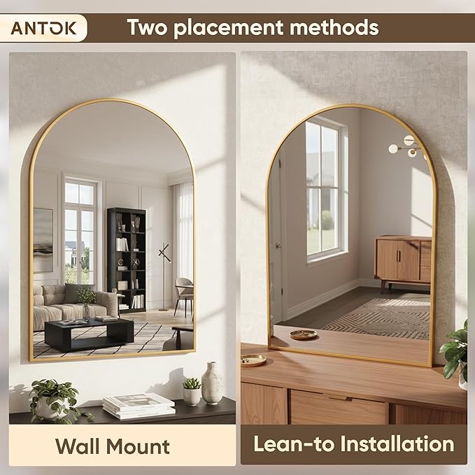 Antok Wall Mirror, 24"x36" Bathroom Vanity Mirror, Anti-Rust HD Tempered Glass, Wall Mounted Mirrors for Living Room, Entryway, Gold Frame, Arched