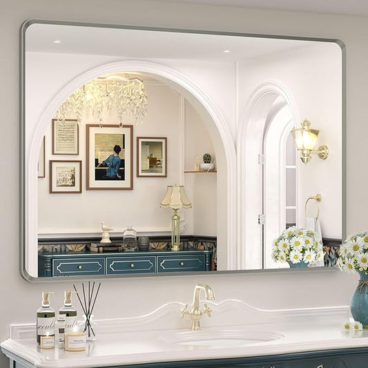 OKPAL 44 x 30 Inch Silver Bathroom Mirror for Wall, Brushed Nickel Bathroom Vanity Mirror, Rounded Rectangle Beveled Silver Framed Mirror, Anti-Rust, HD Tempered Glass(Horizontal/Vertical)