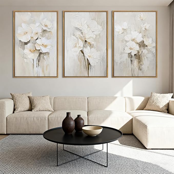 Anyzal Framed Beige Floral Wall Art Neutral Flower Wall Decor for Living Room Bedroom Dining Room 16x24 Inch Set of 3
