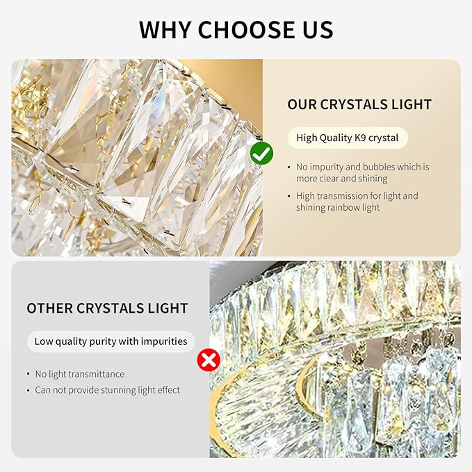 Modern Dimmable Led Crystal Chandelier: Flush Mount Crystals Ceiling Light with Remote - 24" Round Crystal Chandeliers Gold Ceiling Lighting Fixtures for Dining Room Bedroom Living Room Entryway