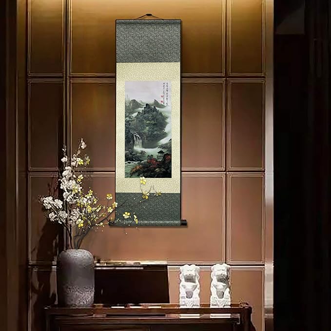 AtfArt Asian Wall Decor - Beautiful Silk Scroll Painting of Waterfall River Landscape - Mountain Spring Autumn Color Oriental Decor Chinese Art Wall Scroll Hanging (36.2 x 12 in)