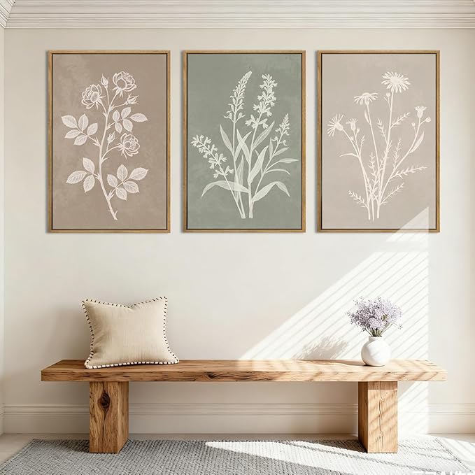Anyzal Neutral Botanical Wall Art Boho Plant Artwork Farmhouse Floral Painting for Living Room Bedroom Dining Room 16x24 Inch Set of 3