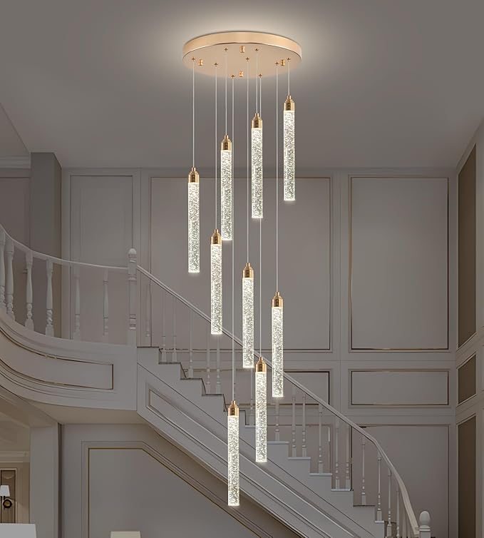 9-Light Gold High Ceiling Crystal Staircase Chandelier, Modern Spiral Raindrop Dimmable LED Bubble Cluster Ceiling Hanging Lighting Fixture for Foyer Living Room Entrance Remote Control