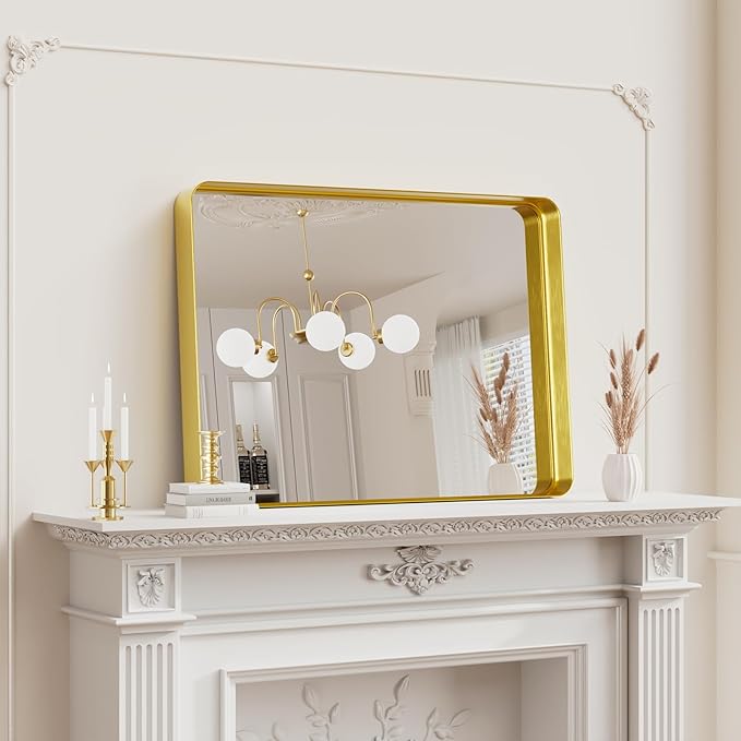 Koonmi Bathroom Mirror 22x30 Inch Wall Mounted Mirror Metal Deep Framed Rounded Corner Wall Mirror, Shatterproof Tempered Glass for Farmhouse Bedroom Vanity, Vertically or Horizontally, Gold