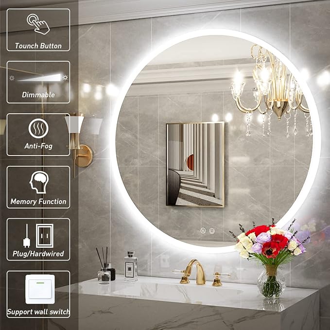 36 Inch Round LED Bathroom Mirror - 6000K Daylight Backlit, Anti-Fog & Dimmable, Frameless Waterproof Mirror with Touch Control, CRI90+, IP54 for Vanity & Makeup