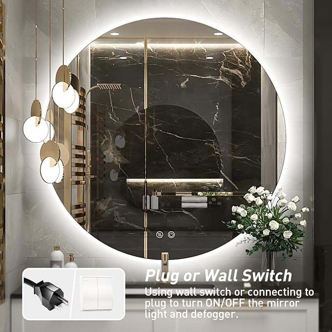 28 Inch Round LED Bathroom Mirror - 6000K Daylight Backlit, Anti-Fog & Dimmable, Frameless Waterproof Mirror with Touch Control, CRI90+, IP54 for Vanity & Makeup