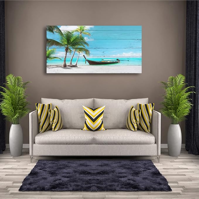 Beach Canvas Wall Art Seascape Pictures Home Decor Ocean Coconut Tree Sunset Poster Prints Paintings for Living Room Bathroom Bedroom Kitchen Office Decorations Natural Landscape Artwork 24x48inches
