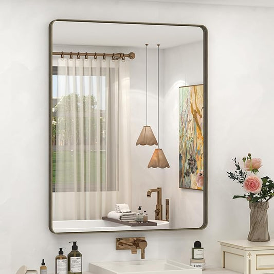 28x36 Bronze Framed Mirror, Brushed Bronze Metal Bathroom Vanity Mirror for Wall, Modern Rectangle Mirror, Rounded Corner, Anti-Rust, Tempered Shatterproof (Horizontal/Vertical)