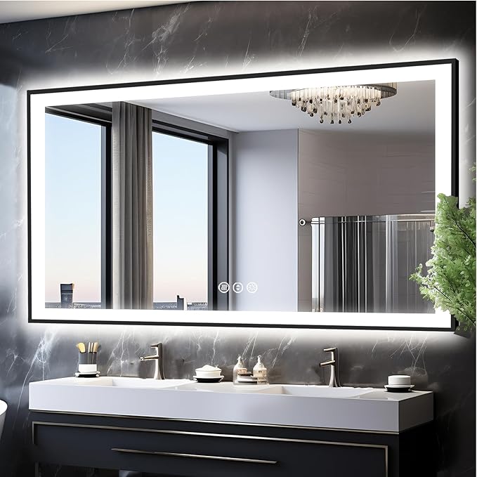 72x40 Large Light up Bathroom Mirror, Wall-Mounted LED Vanity Mirrors, Black Trim and Double Lights, 3 Colors and Stepless Dimming, Anti-Fog, Memory, Shatterproof (Horizontal/Vertical)