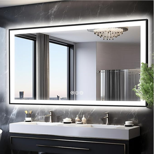 72x40 Large Light up Bathroom Mirror, Wall-Mounted LED Vanity Mirrors, Black Trim and Double Lights, 3 Colors and Stepless Dimming, Anti-Fog, Memory, Shatterproof (Horizontal/Vertical)