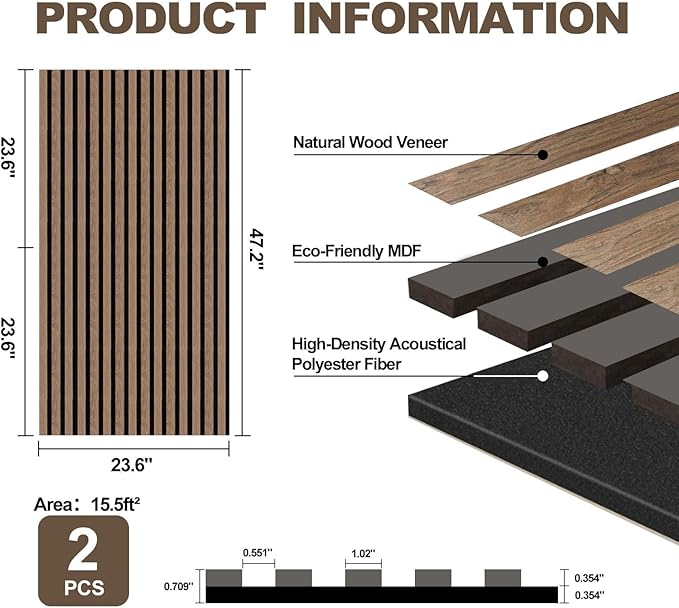 AKK-PANE Acoustic Wood Slat Wall Panels, 2-Piece 47.2"x23.6" 15.5ft²- 3D Textured Soundproof Wall & Ceiling, Sound Absorbing Panels for Interior Decor, Living Room,Bedroom (Dark Walnut)