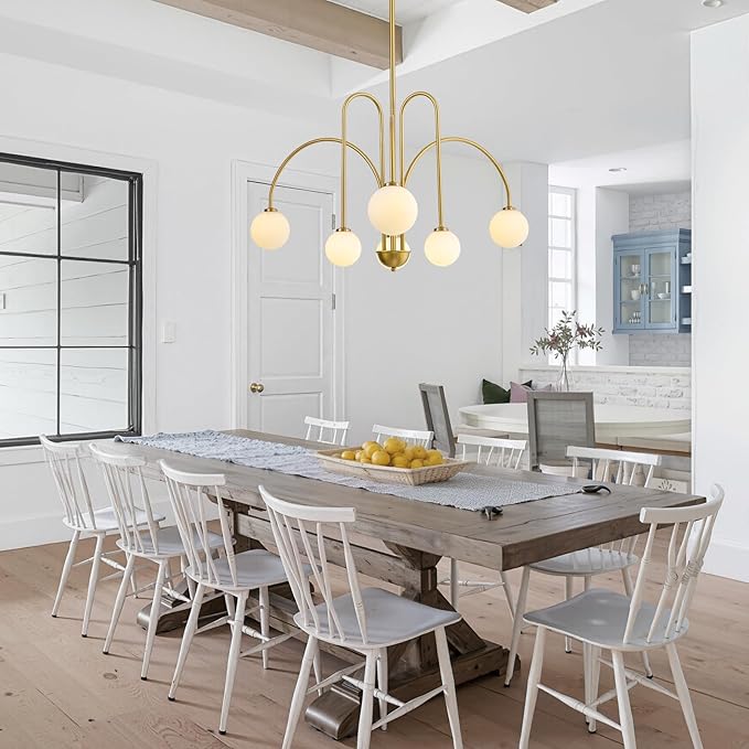 Mid Century Modern Sputnik Chandelier: 6-Light Globe Gold Chandeliers for Living Room - 40" White Glass Ball Dining Room Light Fixture - Large Pendant Lights for Kitchen High Ceiling Foyer Entryway