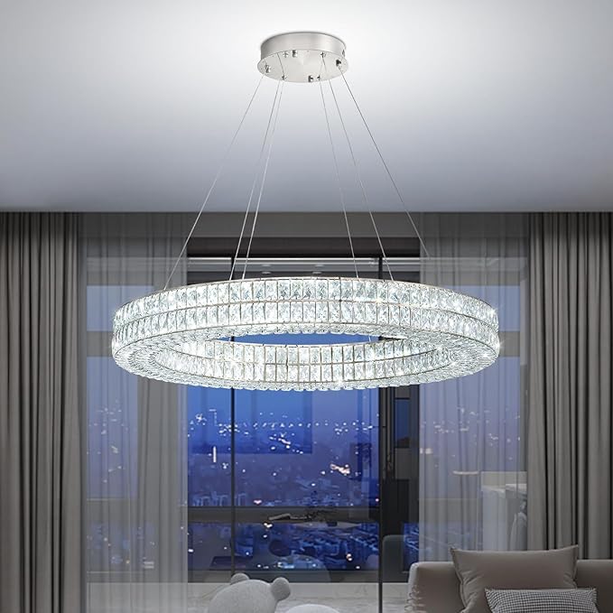 Led Ring Crystal Chandelier, Modern Dimmable Chandeliers Lighting and Hanging Adjustable, LED Round Ceiling Light for Dining Room Living Room 24" Silver