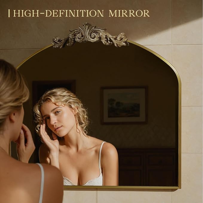 MISSDAY Vintage Retro Bronze Baroque Mirror for Wall, 36"X30" Arched Antique Wall Mirror with Elegant Carving Top, Full Metal Frame Wall-Mounted Mirror for Bathroom, Living Room, Fireplace, Entryway