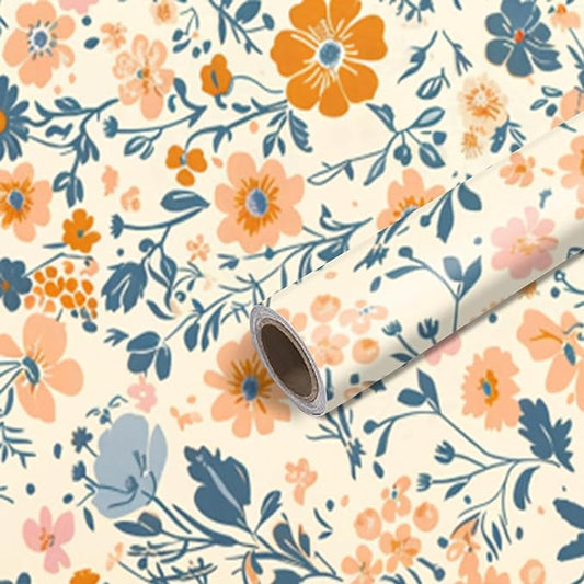 Nuxovilar Orange Grey Floral Mosaic Textured Peel and Stick Wallpaper, 15.75"x39.37", Self-Adhesive Contact Paper, Artistic Tile-Look Pattern for Bedroom, Living Room and Table Decor