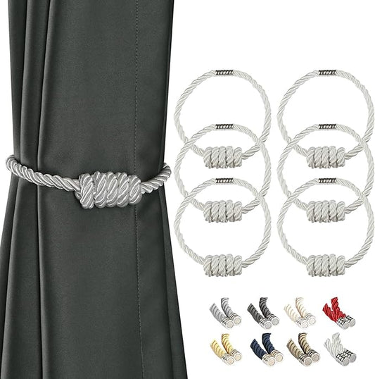 BEL AVENIR Magnetic Curtain Tiebacks, Decorative Drapery Holdbacks Modern Woven Tie-Backs with Exquisite Knot (White, 6 Pack)