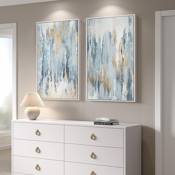 Large White Framed Blue and Gold Abstract Canvas Wall Art for Living Room, 2 Piece Modern Minimalist Prints Paintings Artwork for Walls, Glitter Pictures for Hallway Dining Bedroom Wall Decor 24x36 In