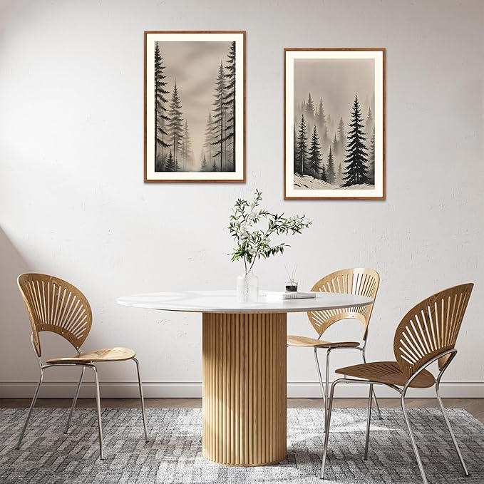 LHIUEM Abstract Misty Forest Framed Canvas Wall Art,Modern Pine Tree Wall Decor,Netural Woodland Painting,Rustic Foggy Landscape Artwork for Living Room,Bedroom,Dining Room -16"x24"x3