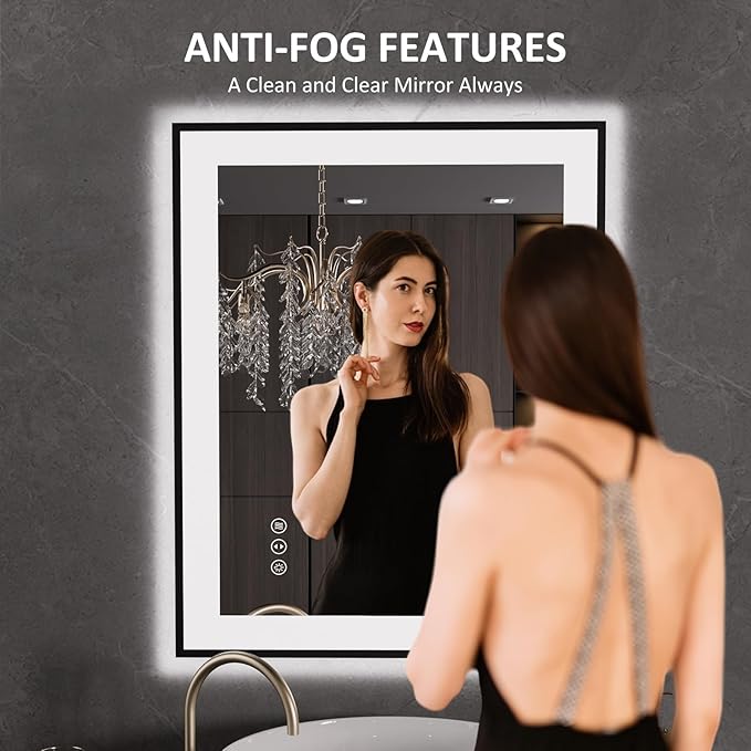 LOAAO 24"X30" LED Bathroom Mirror Black Framed, Anti-Fog, Dimmable, Lighted Bathroom Vanity Mirror for Wall, Memory Function, Tempered Glass